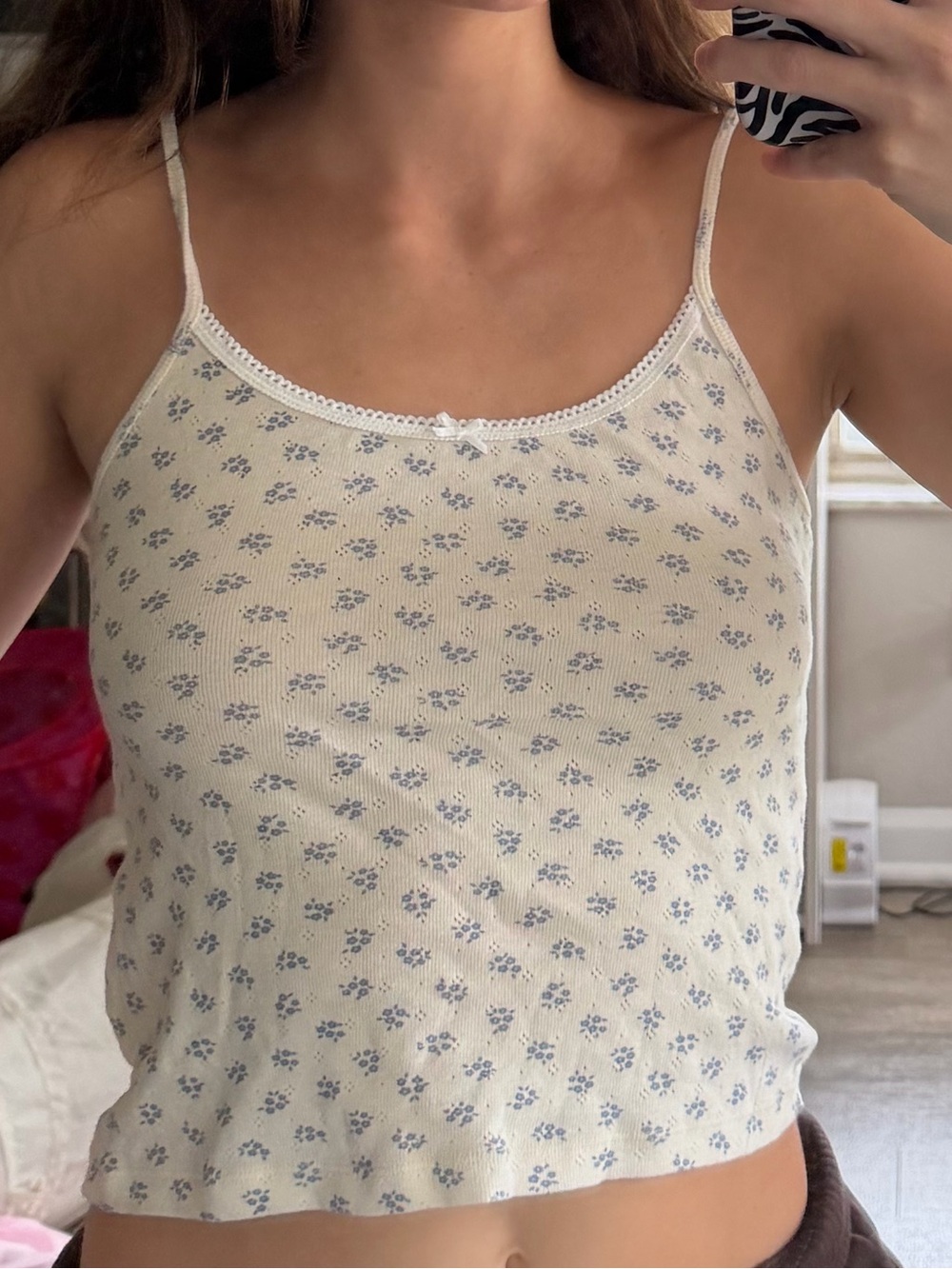Brandy Melville White Cami with Light Blue Floral Print